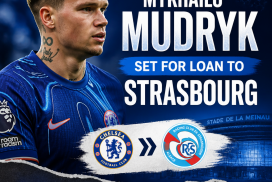 Mykhailo Mudryk in Chelsea kit, looking focused with stadium background, signaling loan move to Strasbourg amid suspension.