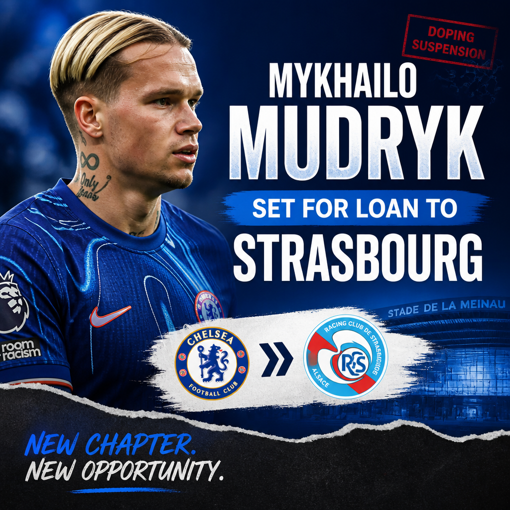 Mykhailo Mudryk in Chelsea kit, looking focused with stadium background, signaling loan move to Strasbourg amid suspension.