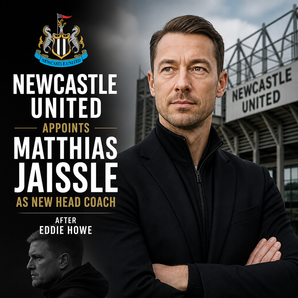 Matthias Jaissle shaking hands with Newcastle United officials at a press conference as new head coach.