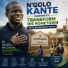 N'Golo Kanté speaking at a podium, pledging investments to improve education, healthcare, and infrastructure in his hometown