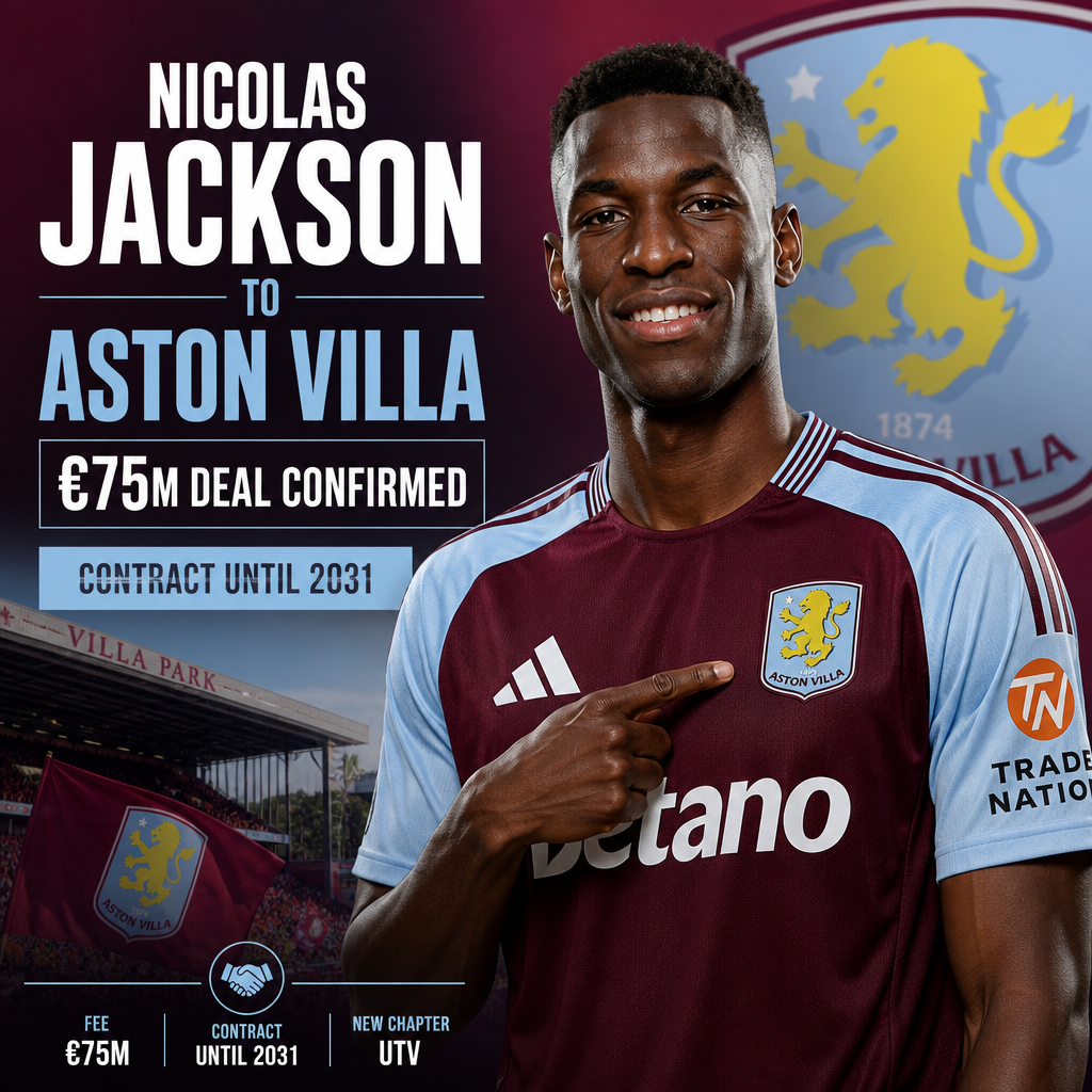 Nicolas Jackson in Aston Villa jersey celebrating his €75 million transfer with arms raised.
