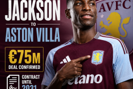 Nicolas Jackson celebrating after signing with Aston Villa in a €75 million transfer deal.