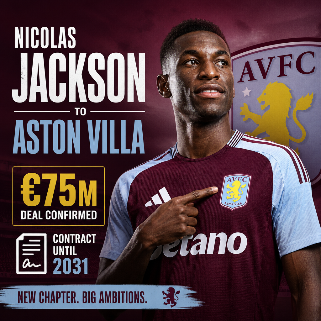 Nicolas Jackson celebrating after signing with Aston Villa in a €75 million transfer deal.