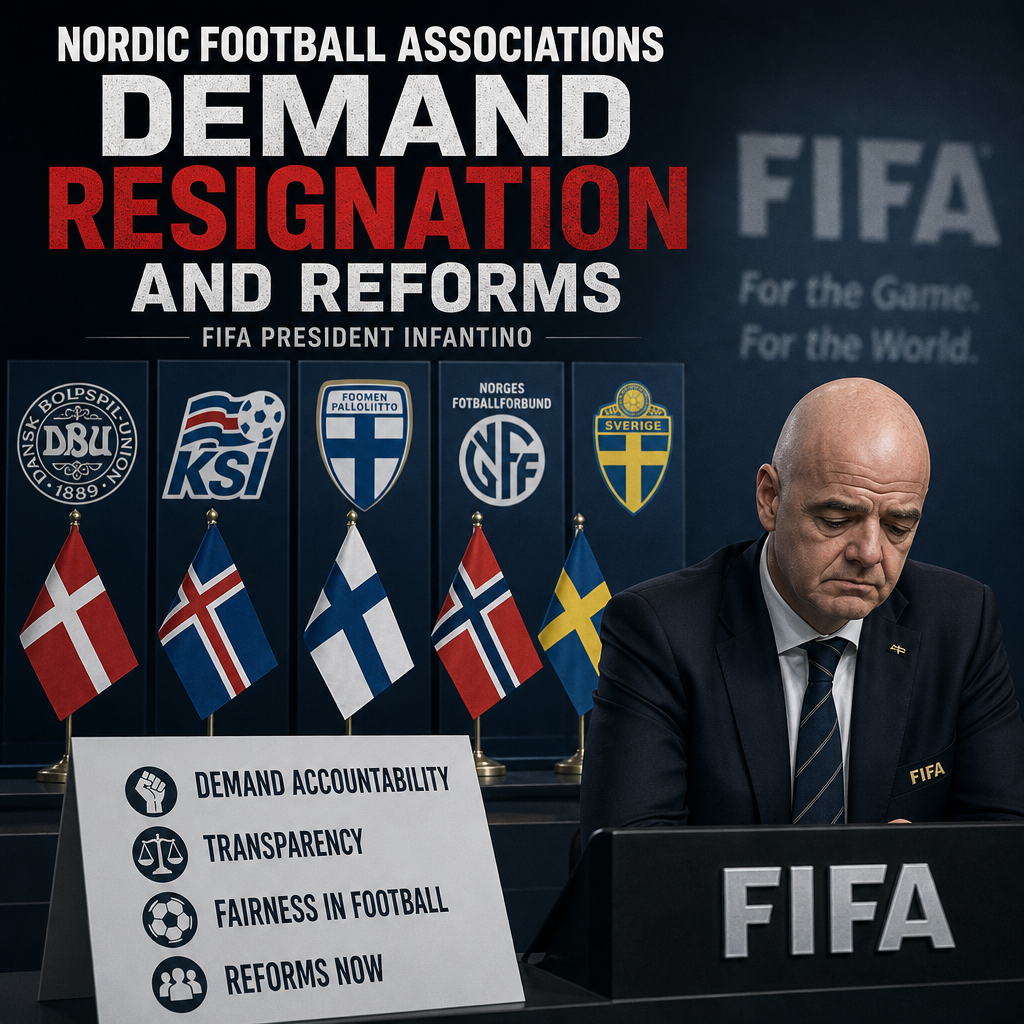 Protesters hold Nordic football association banners demanding FIFA President Infantino's resignation and football reforms.