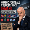 Protesters hold banners demanding FIFA President Infantino's resignation and reforms outside a football association building.