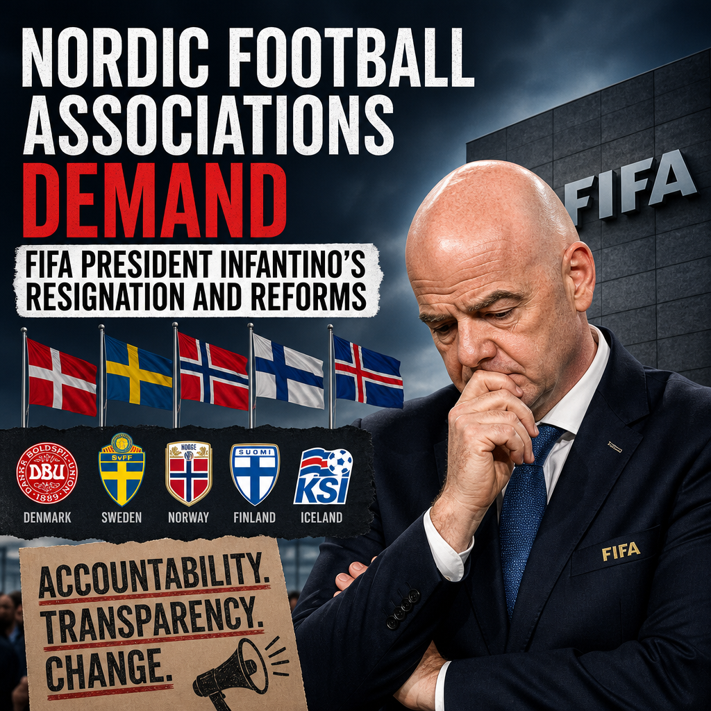Protesters hold banners demanding FIFA President Infantino's resignation and reforms outside a football association building.