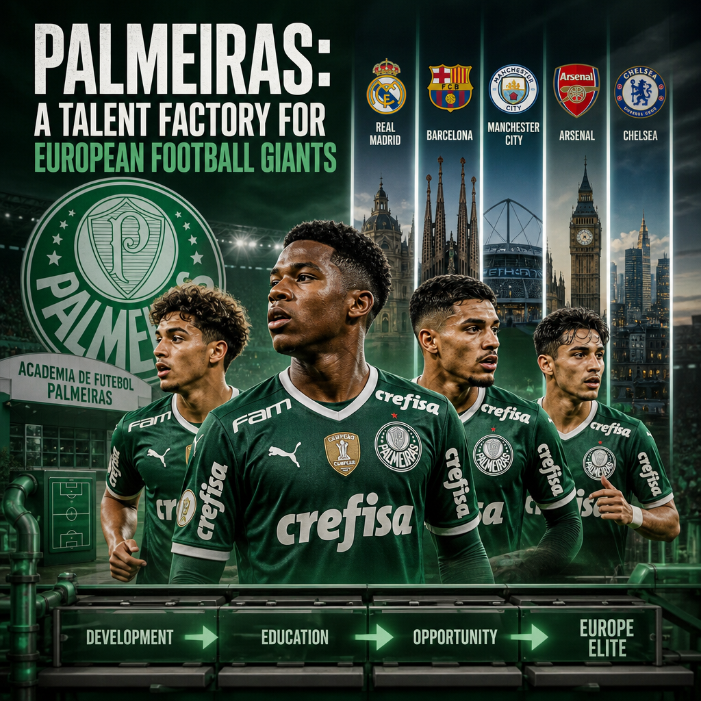 Logos of top European football clubs around a Palmeiras emblem, symbolizing its role as a talent factory for these teams.