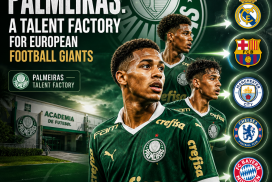 Palmeiras players celebrating on the field, symbolizing their role as a top talent factory for European football clubs.