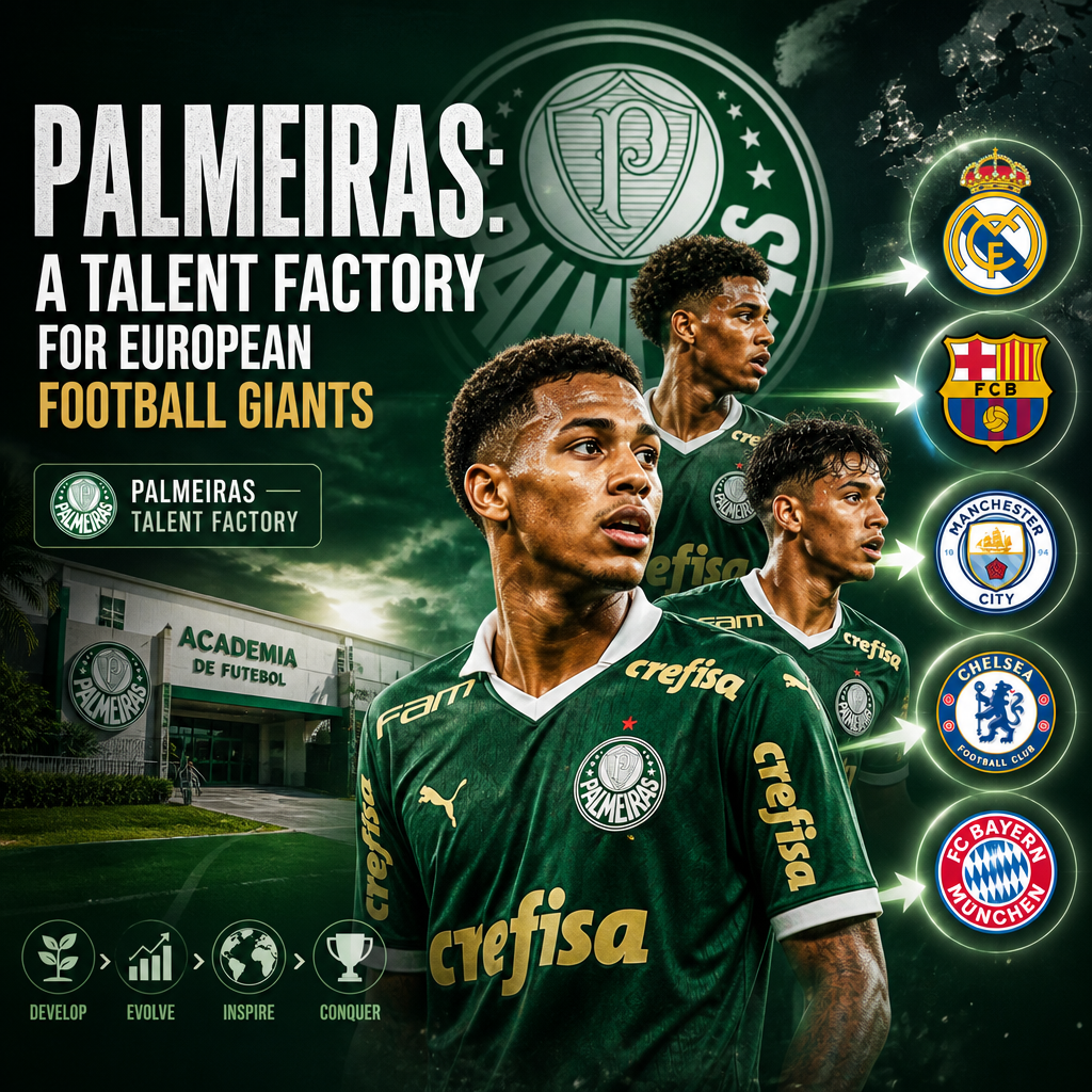 Palmeiras players celebrating on the field, symbolizing their role as a top talent factory for European football clubs.