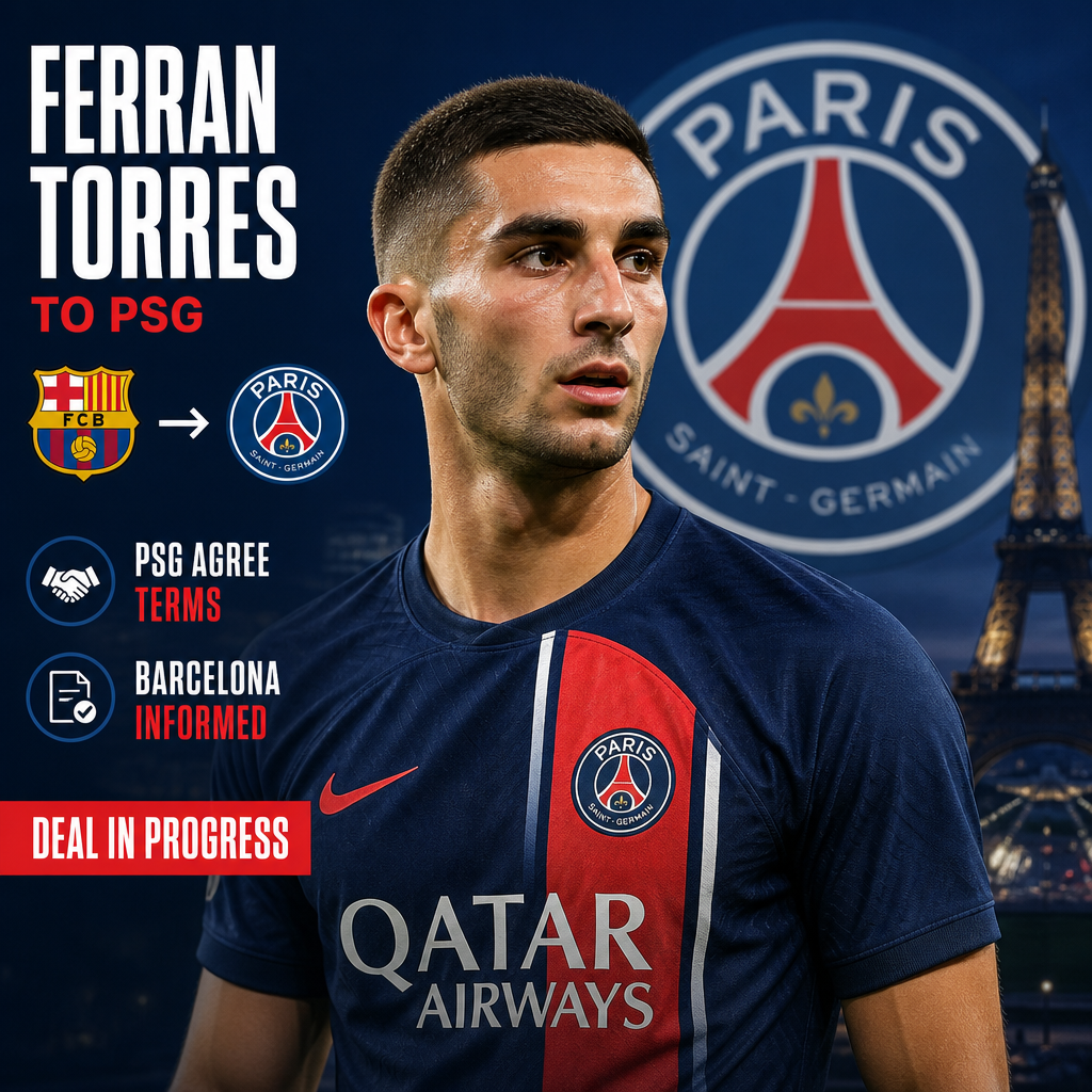 Ferran Torres in Paris Saint-Germain uniform celebrating his transfer from Barcelona.