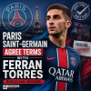 Ferran Torres smiling in a Paris Saint-Germain jersey during a football transfer announcement.