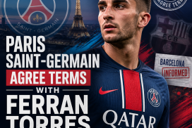 Ferran Torres smiling in a Paris Saint-Germain jersey during a football transfer announcement.