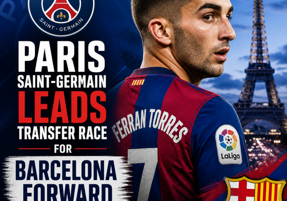Ferran Torres in a Barcelona jersey with Paris Saint-Germain and transfer symbols indicating a transfer race.