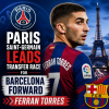 Ferran Torres in a Barcelona jersey with Paris Saint-Germain and transfer symbols indicating a transfer race.