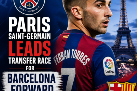 Ferran Torres in a Barcelona jersey with Paris Saint-Germain and transfer symbols indicating a transfer race.