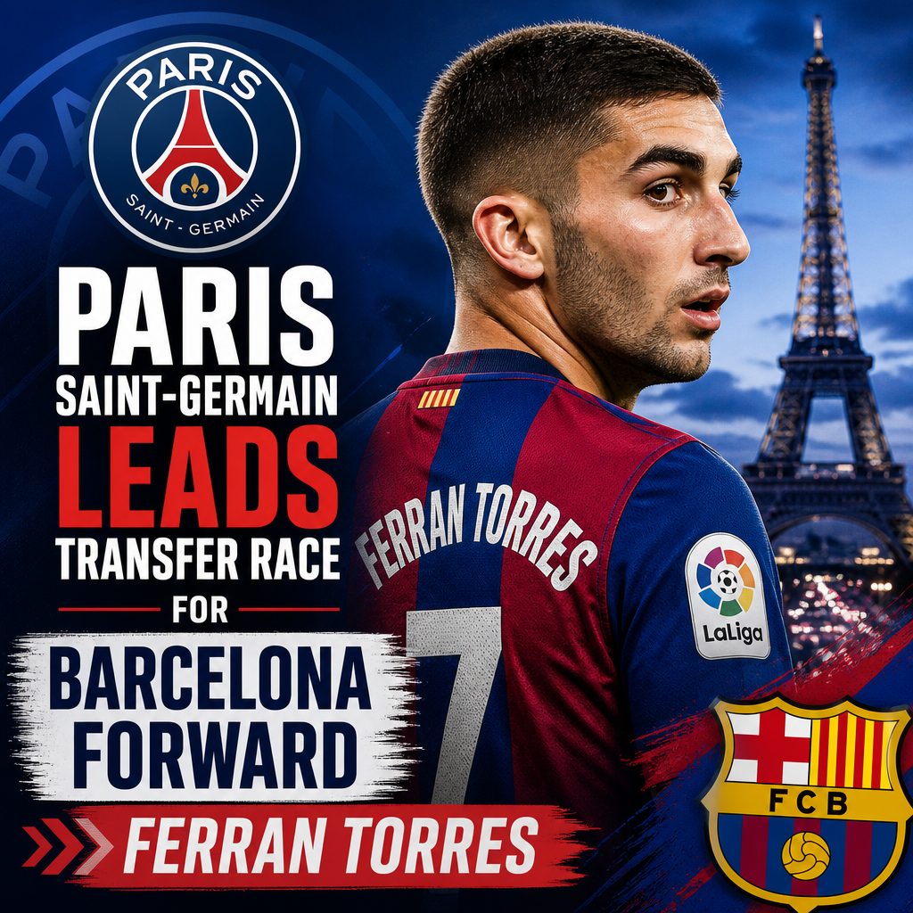Ferran Torres in a Barcelona jersey with Paris Saint-Germain and transfer symbols indicating a transfer race.