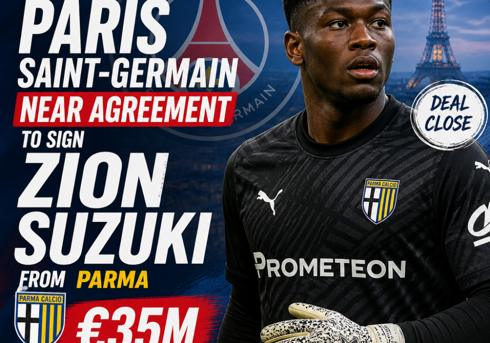 Paris Saint-Germain goalkeeper Zion Suzuki in action, wearing a green jersey and gloves.