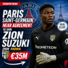 Paris Saint-Germain goalkeeper Zion Suzuki in action, wearing a green jersey and gloves.