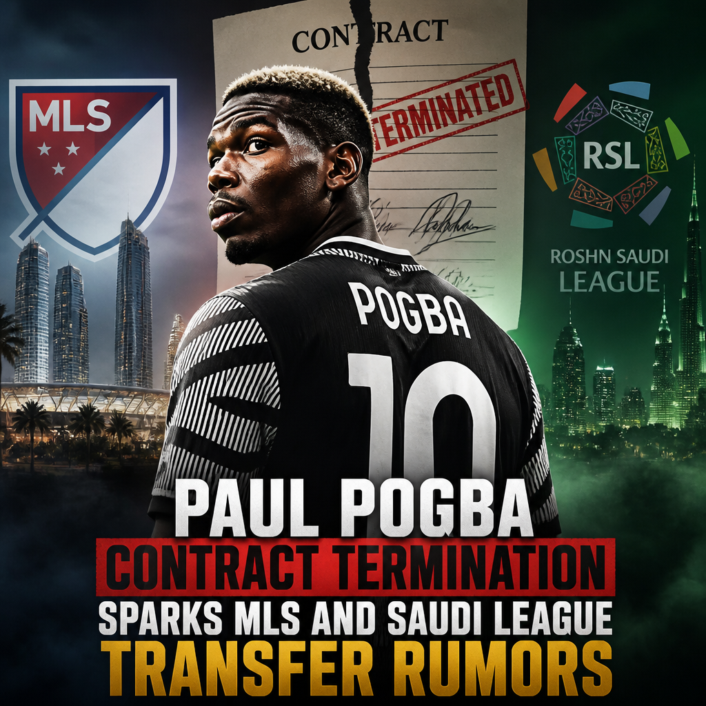 Paul Pogba looks serious wearing a black jacket with a soccer stadium background, symbolizing his contract termination news.