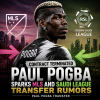 Paul Pogba in a black jersey, looking to the side with a serious expression, suggesting transfer rumors.