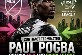 Paul Pogba in a black jersey, looking to the side with a serious expression, suggesting transfer rumors.