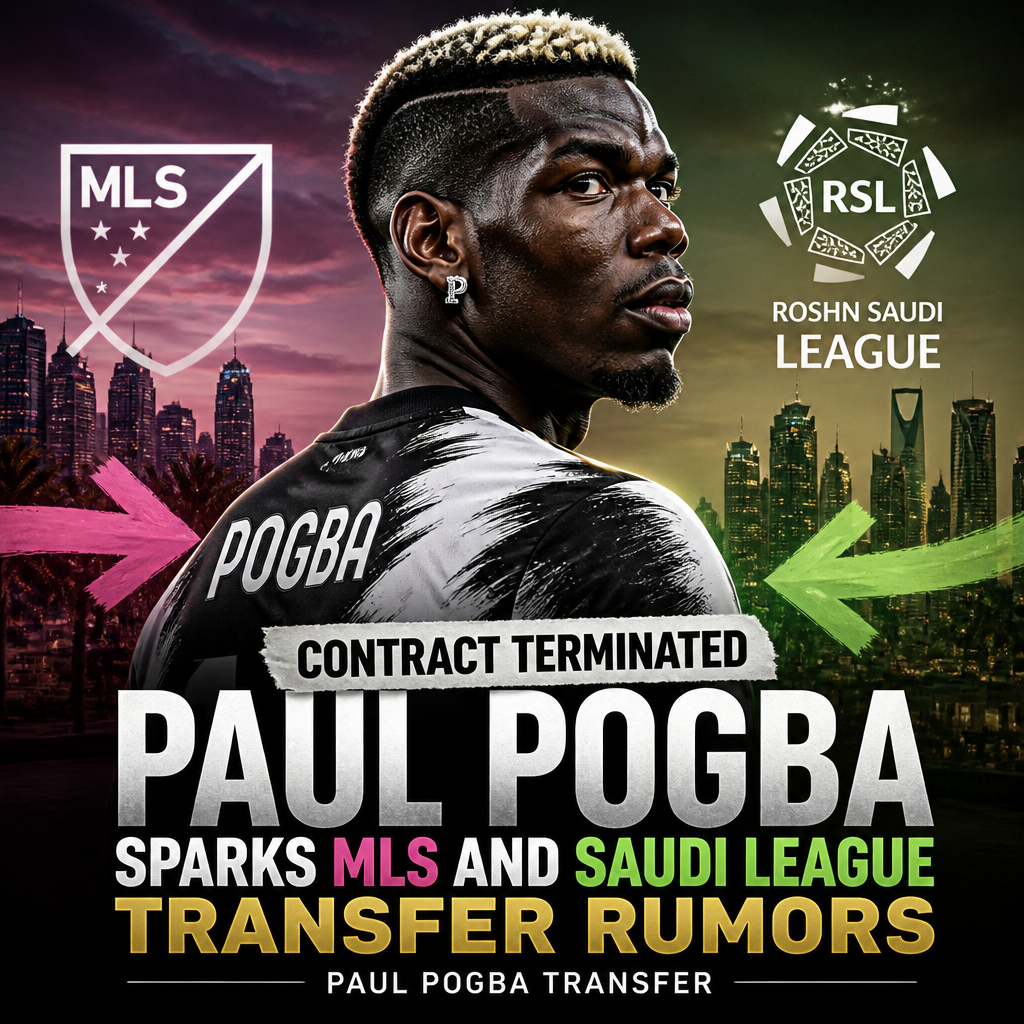 Paul Pogba in a black jersey, looking to the side with a serious expression, suggesting transfer rumors.