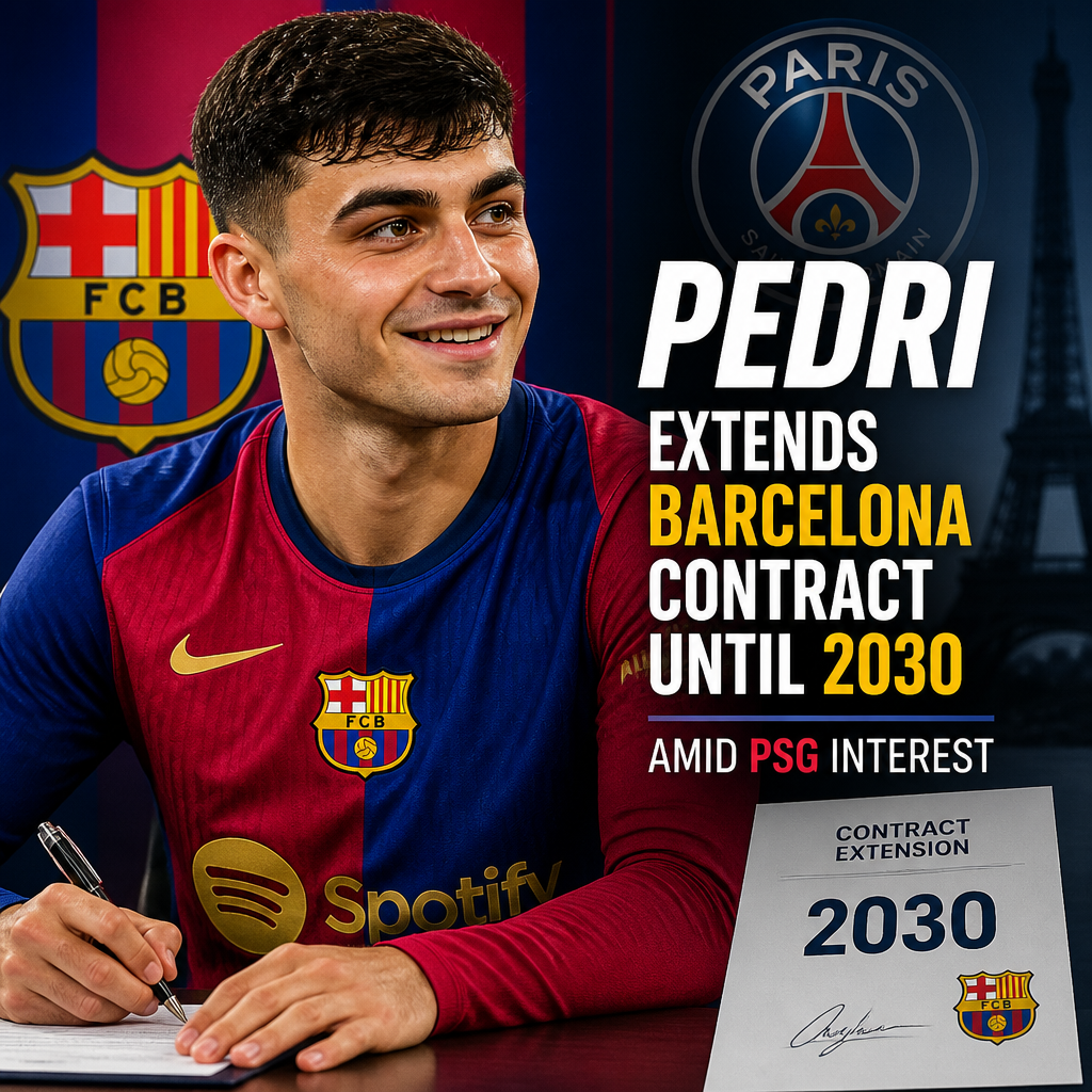 Pedri smiling and signing a contract at Barcelona, with club logos visible in the background.