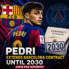Pedri signing a contract with Barcelona officials in a formal setting, celebrating his extension until 2030.