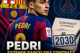Pedri signing a contract with Barcelona officials in a formal setting, celebrating his extension until 2030.
