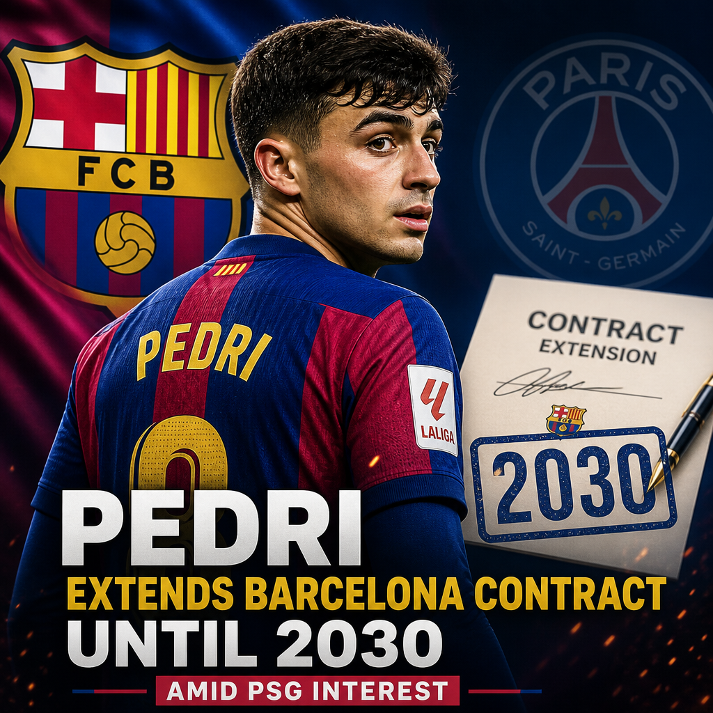 Pedri signing a contract with Barcelona officials in a formal setting, celebrating his extension until 2030.