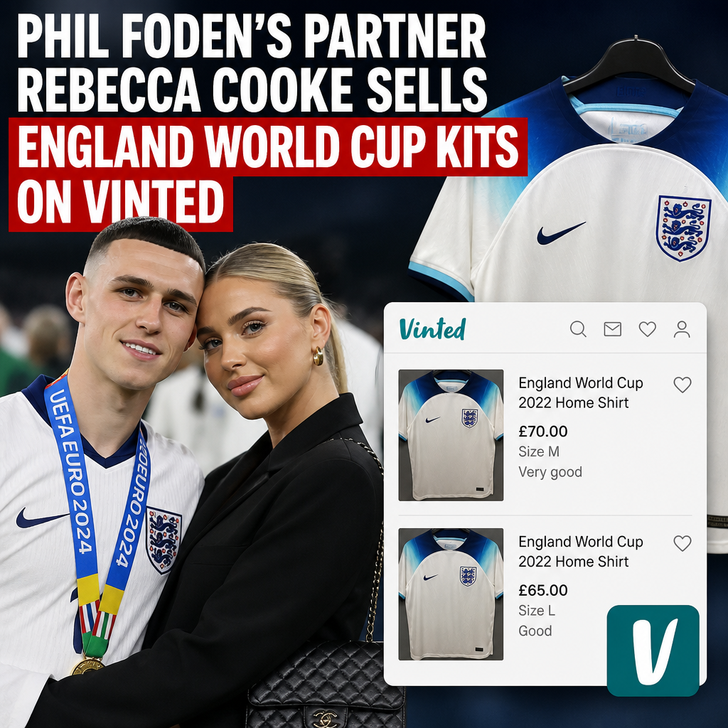 Rebecca Cooke selling England World Cup 2022 home kits on Vinted in a casual setting.