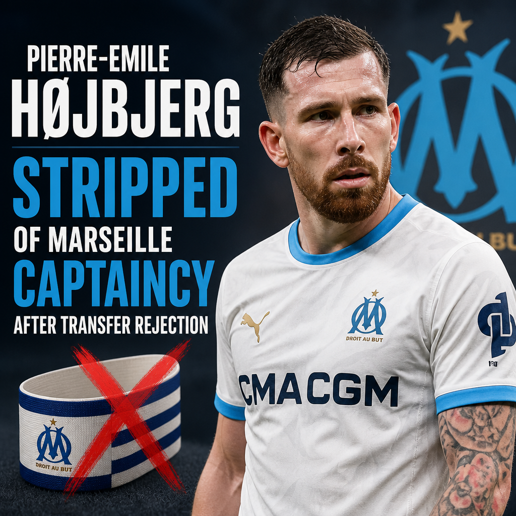 Pierre-Emile Højbjerg looking disappointed during a Marseille match after losing captaincy.
