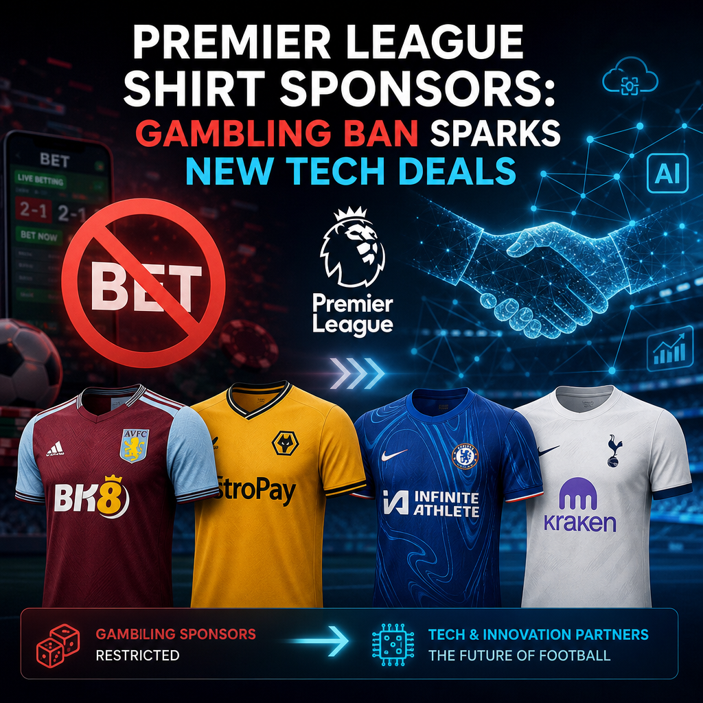 Premier League football shirts showing various sponsors, highlighting shift from gambling to new technology deals.