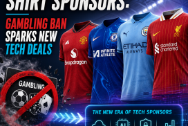Premier League shirts showing sponsors shifting from gambling to tech companies like AI, cybersecurity, and cloud solutions.