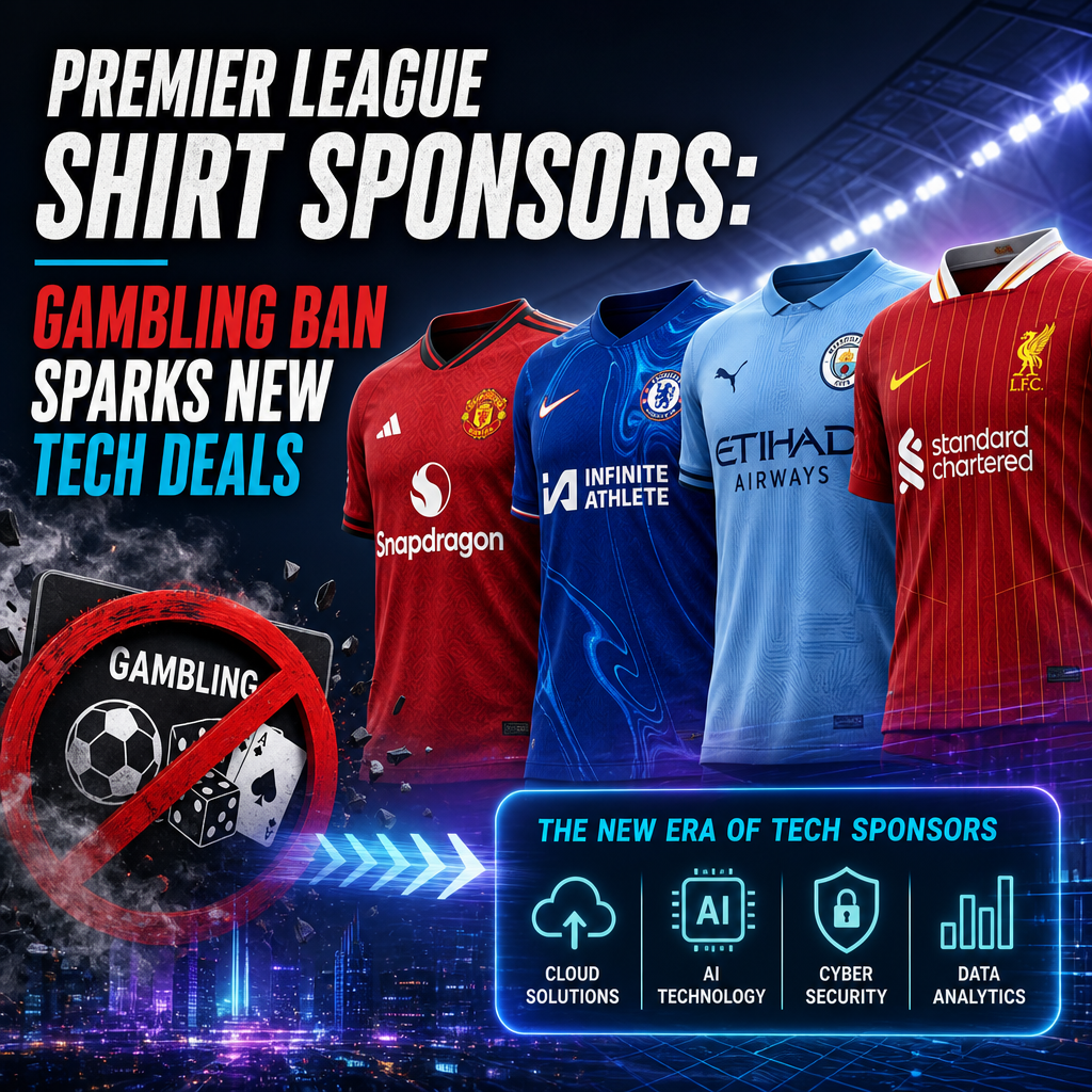 Premier League shirts showing sponsors shifting from gambling to tech companies like AI, cybersecurity, and cloud solutions.