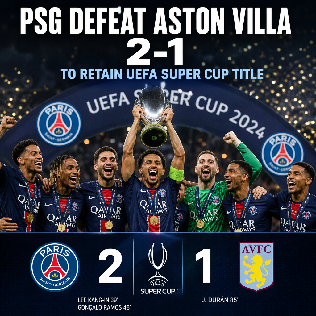 PSG players celebrate their 2-1 win over Aston Villa to retain the UEFA Super Cup 2024 title.