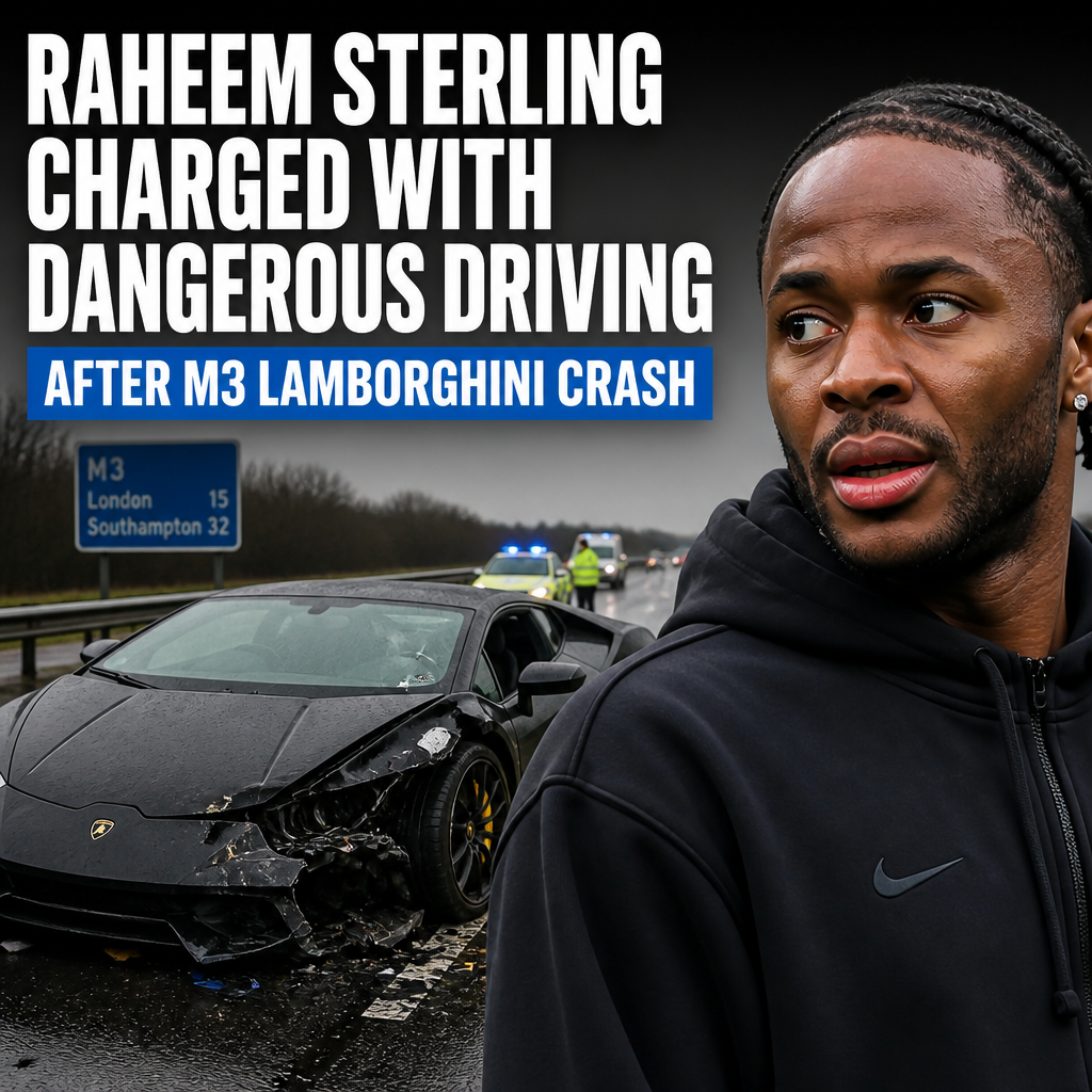 Raheem Sterling standing by a damaged white Lamborghini after a crash on the M3 motorway.