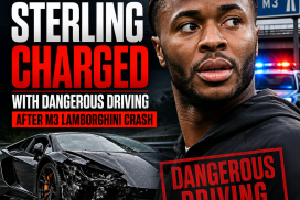 Raheem Sterling standing next to a damaged Lamborghini after an M3 crash, related to dangerous driving charges.