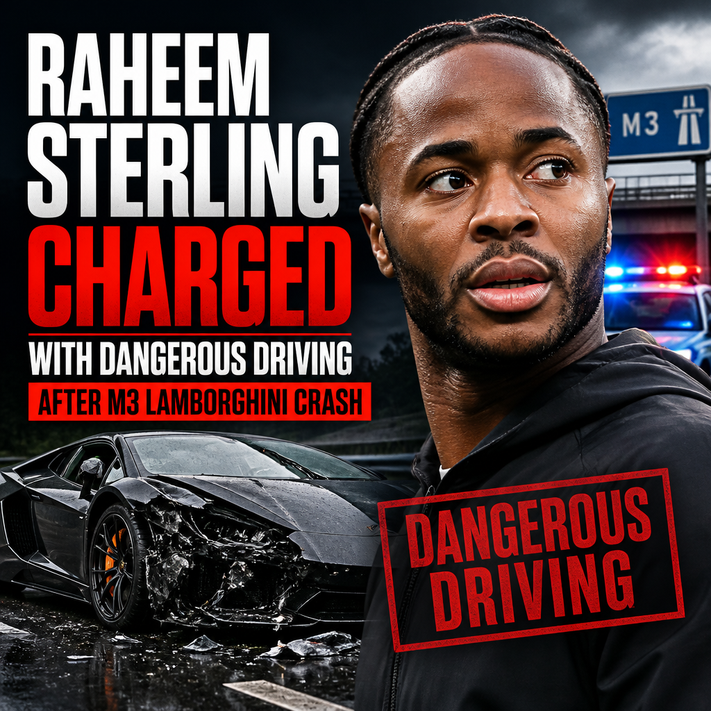 Raheem Sterling standing next to a damaged Lamborghini after an M3 crash, related to dangerous driving charges.