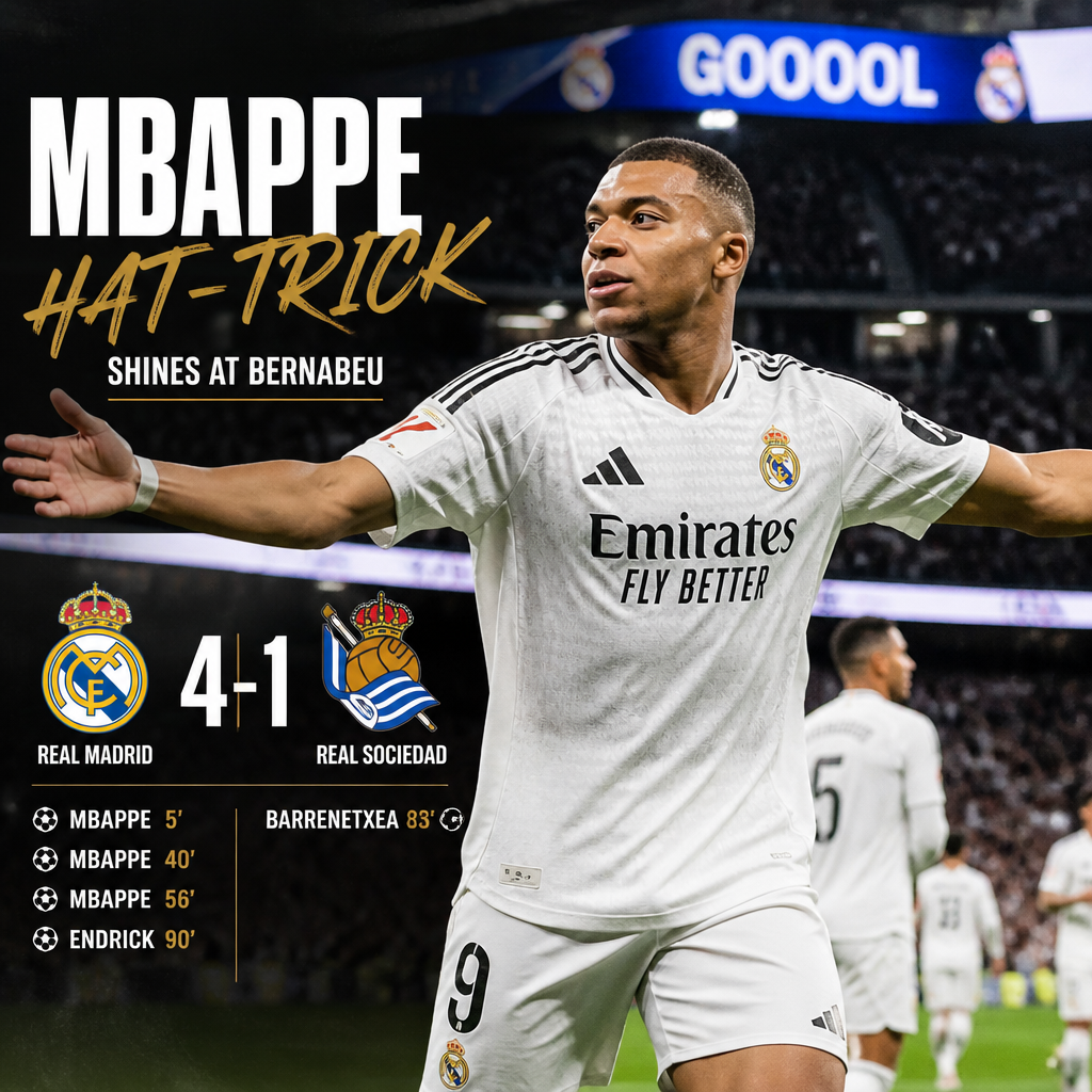 Kylian Mbappe celebrating after scoring a hat-trick as Real Madrid wins 4-1 against Real Sociedad at Bernabeu.