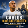 Carlos in a Real Madrid jersey denies conversion to Islam but shows respect during a public appearance.