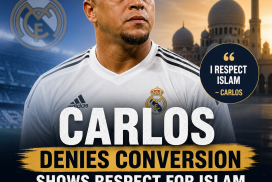 Carlos in a Real Madrid jersey denies conversion to Islam but shows respect during a public appearance.