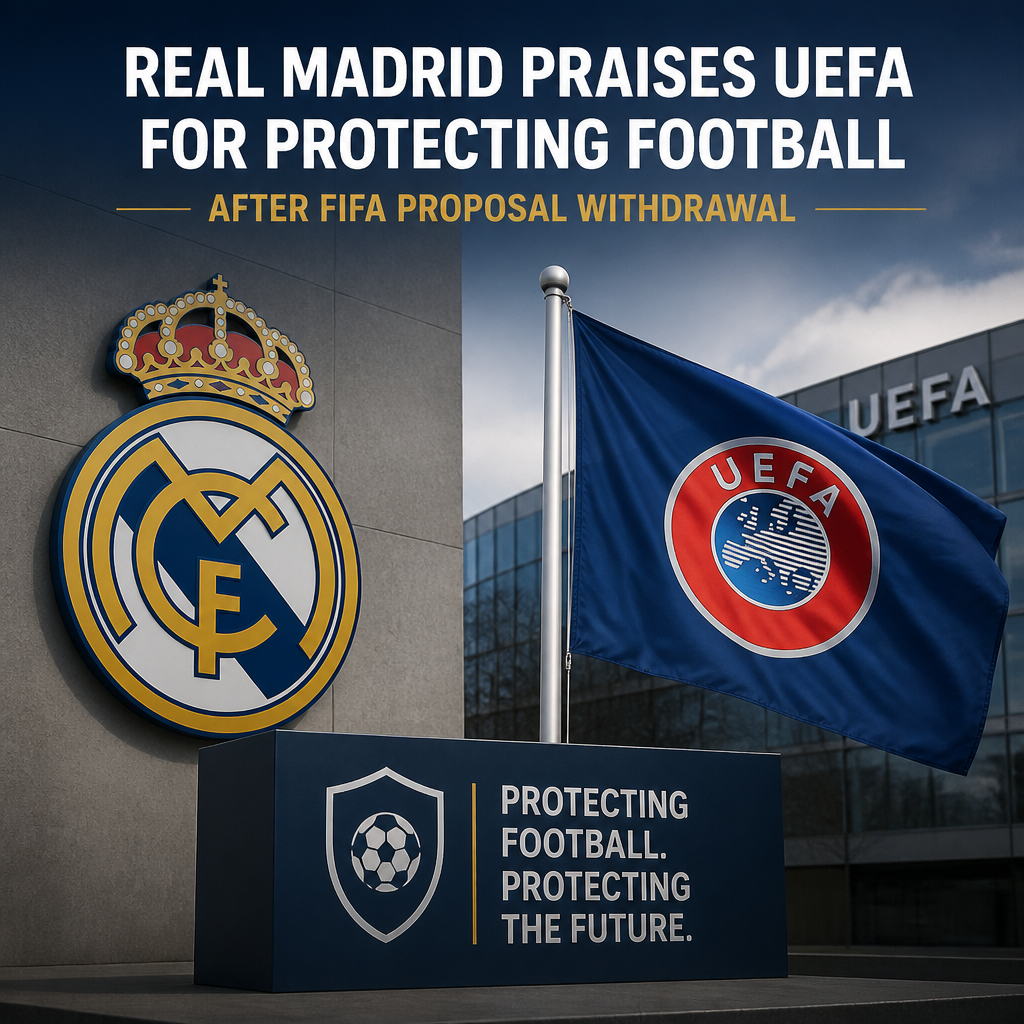 Real Madrid players celebrating on the field praising UEFA’s efforts to protect football after FIFA proposal withdrawal.