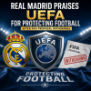 Real Madrid players applauding on the field, praising UEFA for protecting football after FIFA proposal withdrawal.