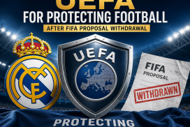 Real Madrid players applauding on the field, praising UEFA for protecting football after FIFA proposal withdrawal.