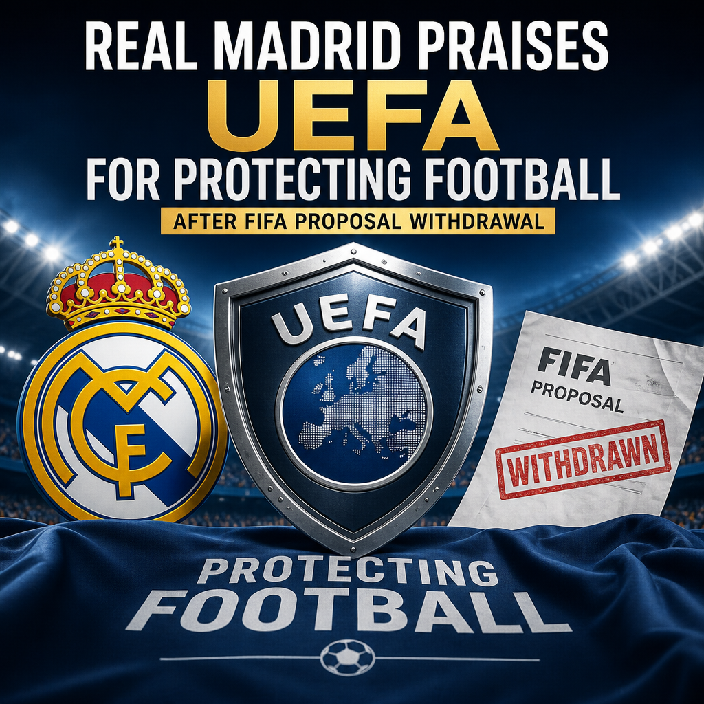 Real Madrid players applauding on the field, praising UEFA for protecting football after FIFA proposal withdrawal.