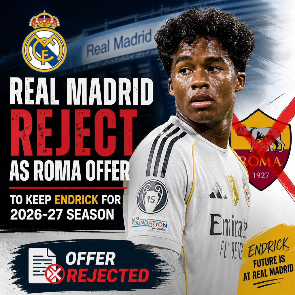 Real Madrid and Roma officials discuss transfer deal with Endrick in the background during a football negotiation.