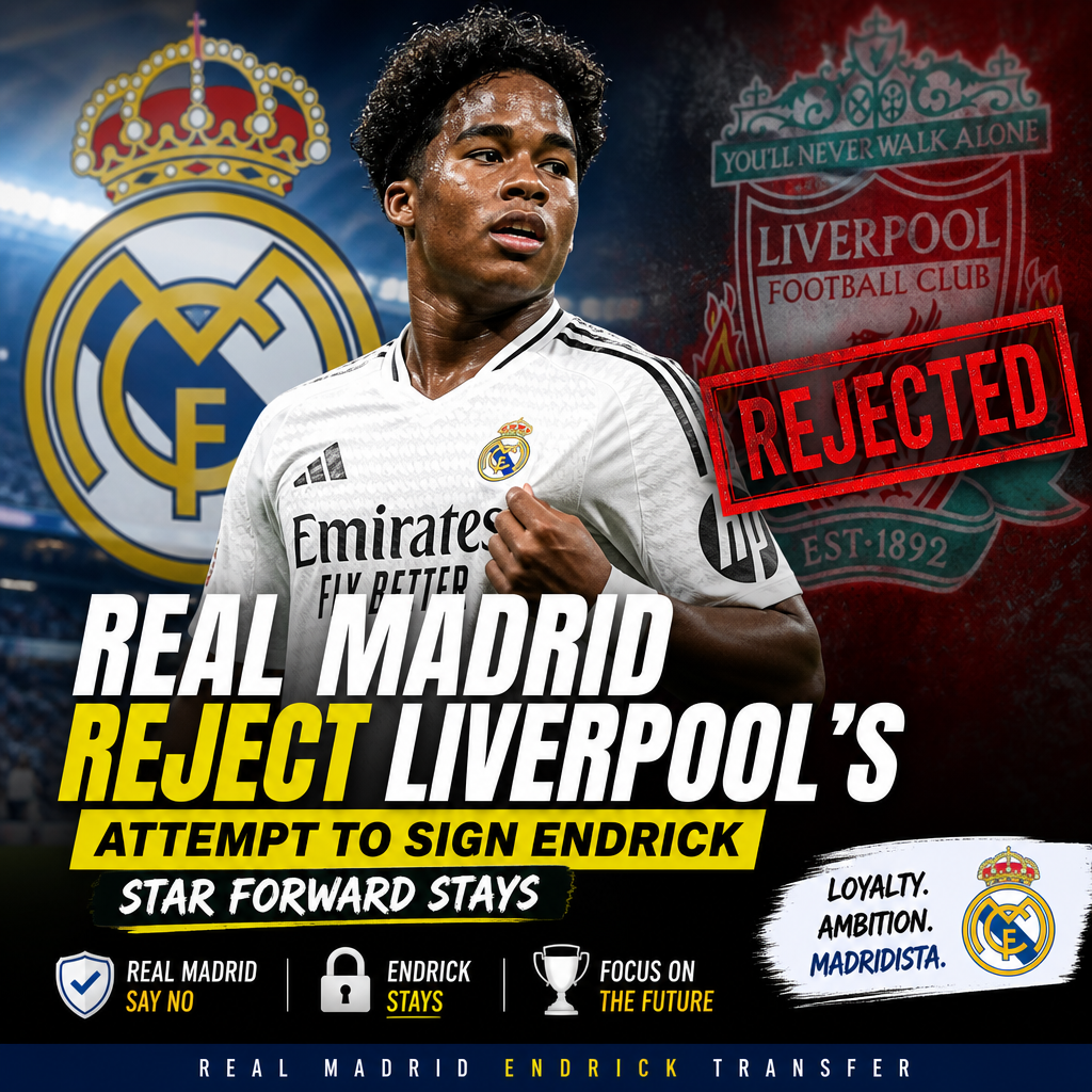 Real Madrid officials shake hands with Endrick as Liverpool representatives watch during transfer negotiations.