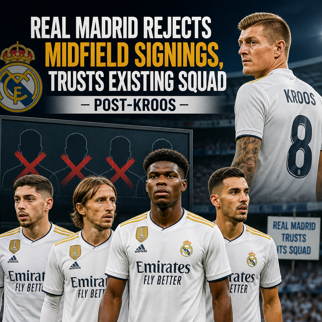 Real Madrid players celebrating on the field, showing confidence in their existing midfield squad.