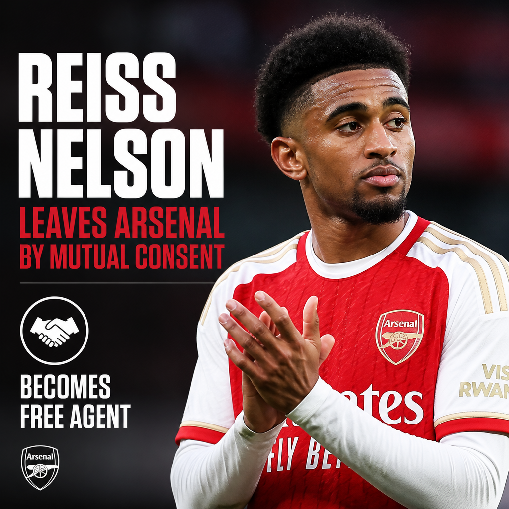 Reiss Nelson walking away from Arsenal training ground in casual clothes, symbolizing his departure from the club.
